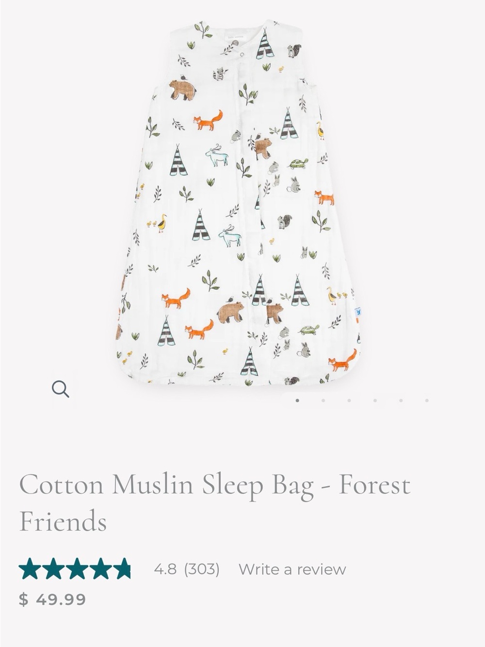 Little Unicorn Cotton Muslin Sleep Bag - Forest Friends (White)